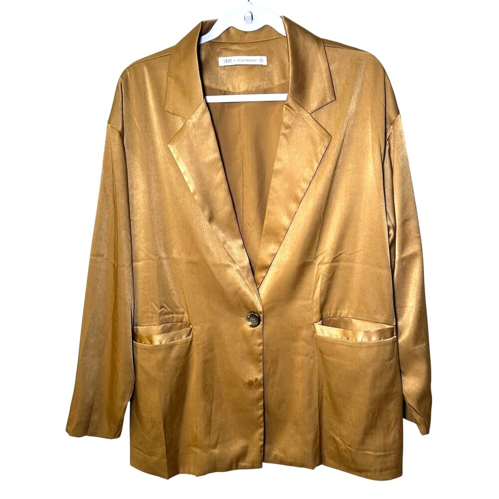 satin-finish single-button oversized gold color blazer medium